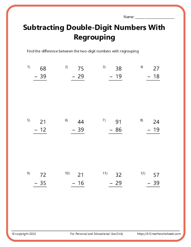 Double Digit Subtraction With Regrouping Borrowing K12 Math Worksheets