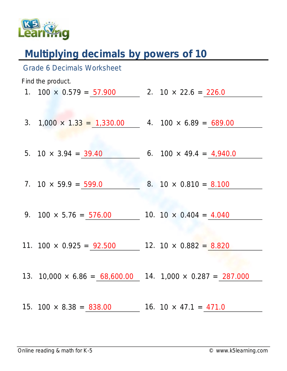 Easter Multiplying By Powers Of 10 Worksheets Printable