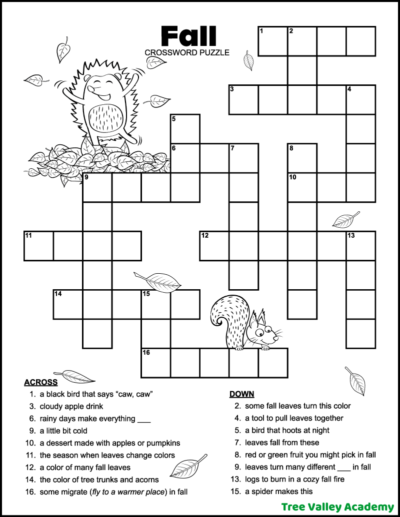 Easy Fall Crossword Puzzle For Kids Tree Valley Academy