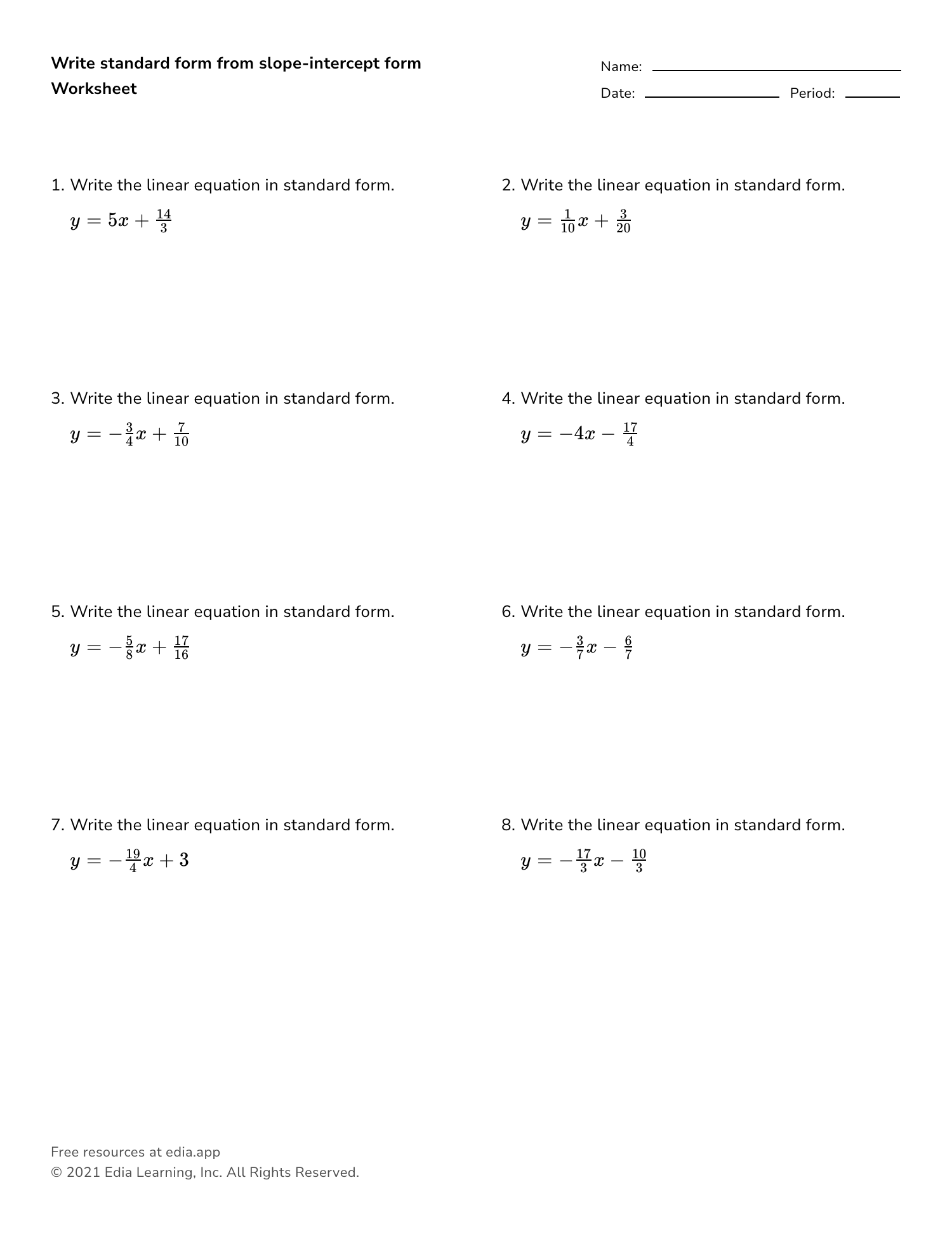 y mx b worksheets