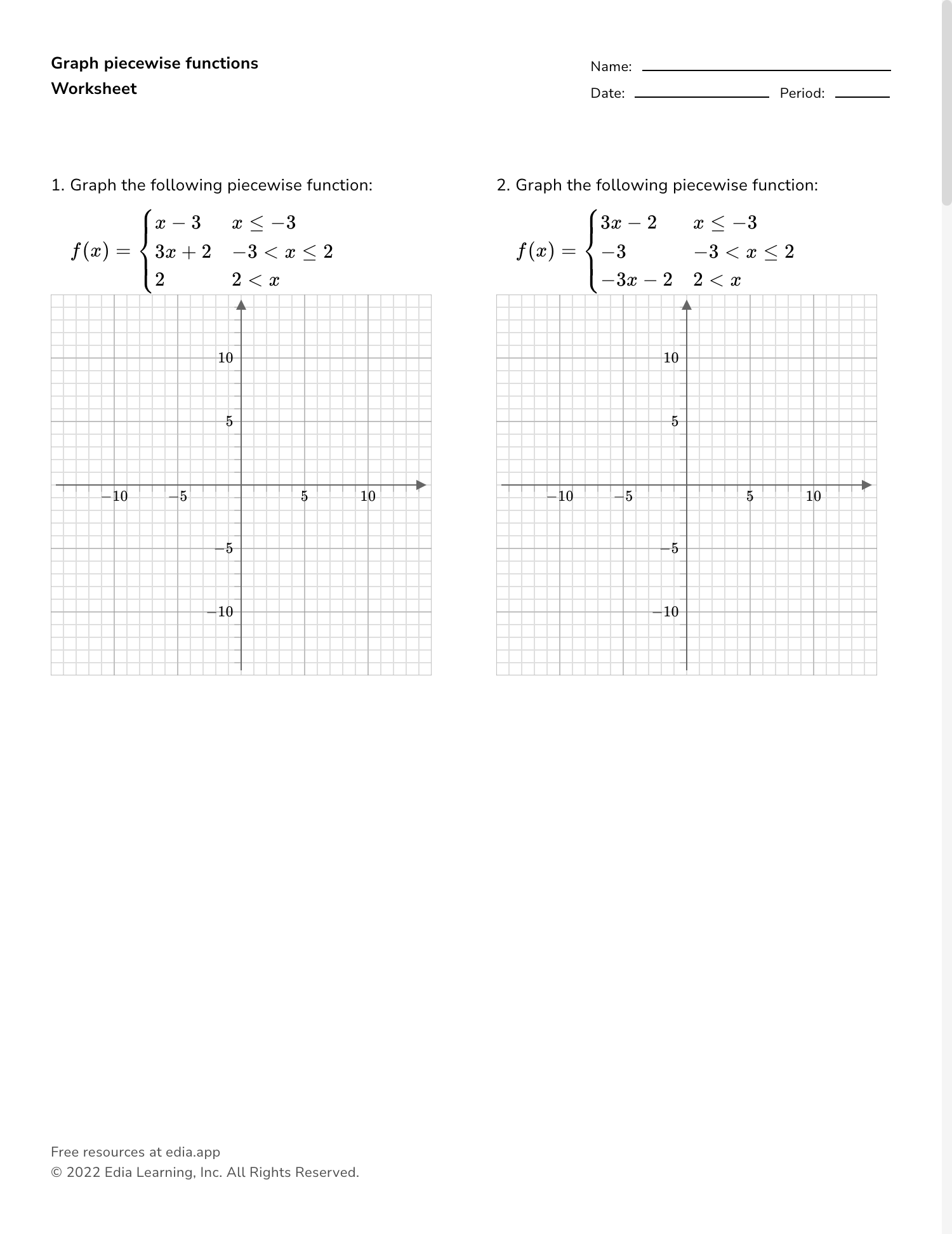worksheet on piecewise functions