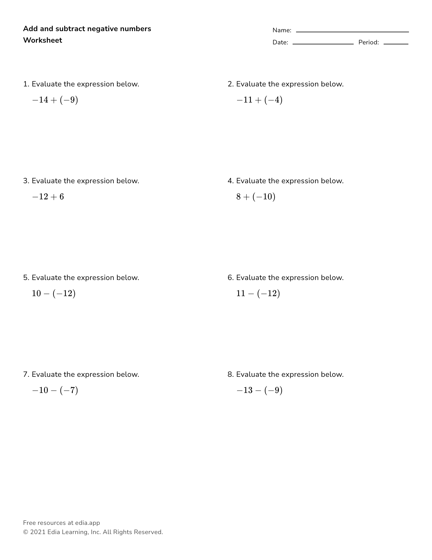 adding negative numbers worksheet