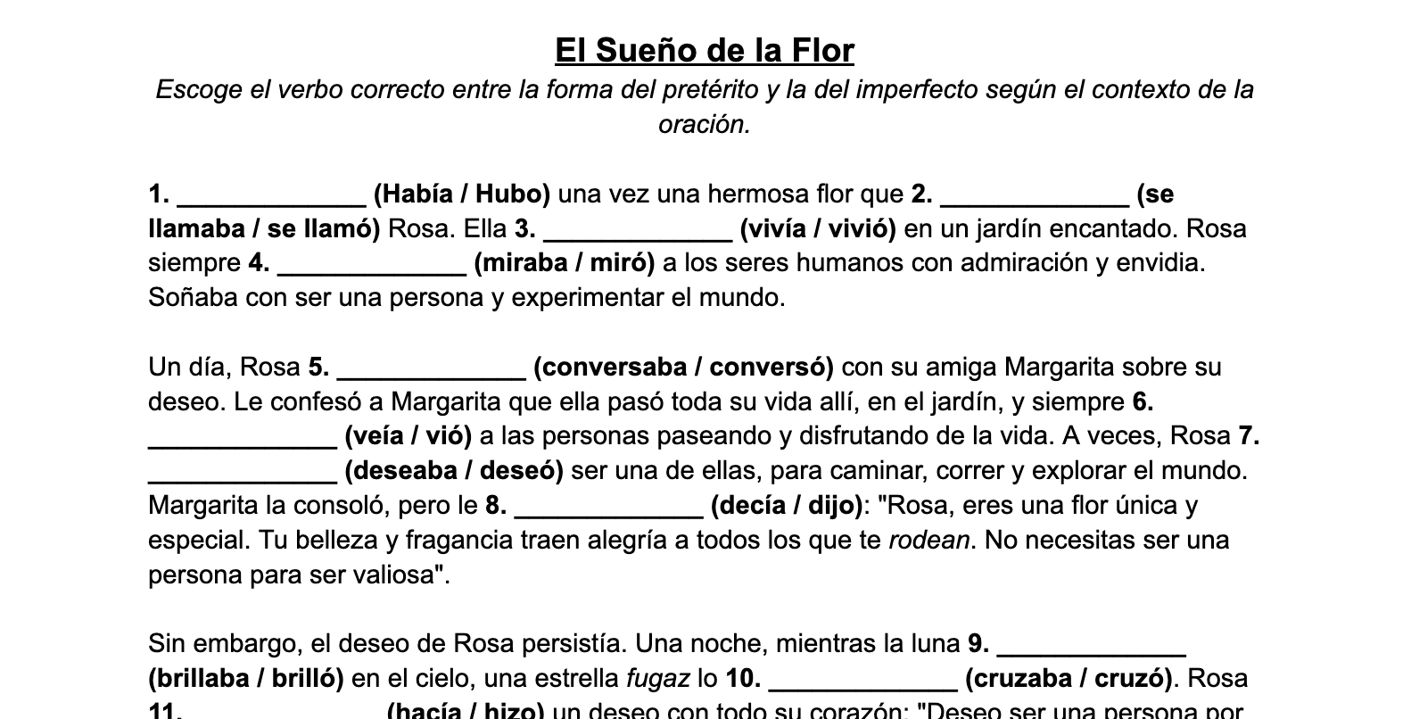 El Sue o De La Flor Preterite Vs Imperfect Spanish Story Classful