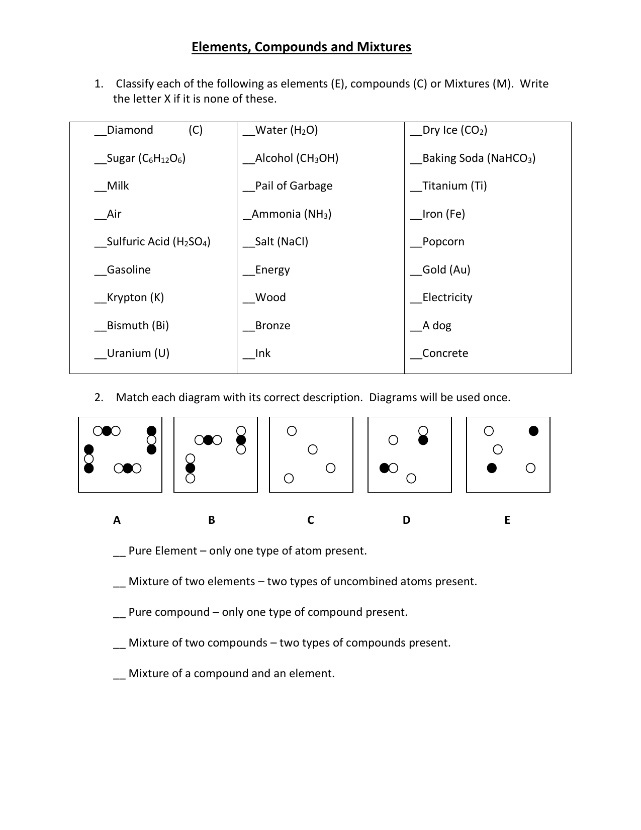 Elements Compounds Mixtures Worksheet