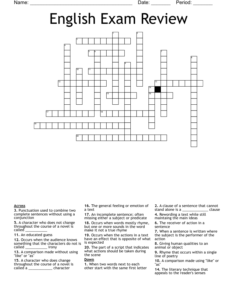 English Exam Review Crossword WordMint