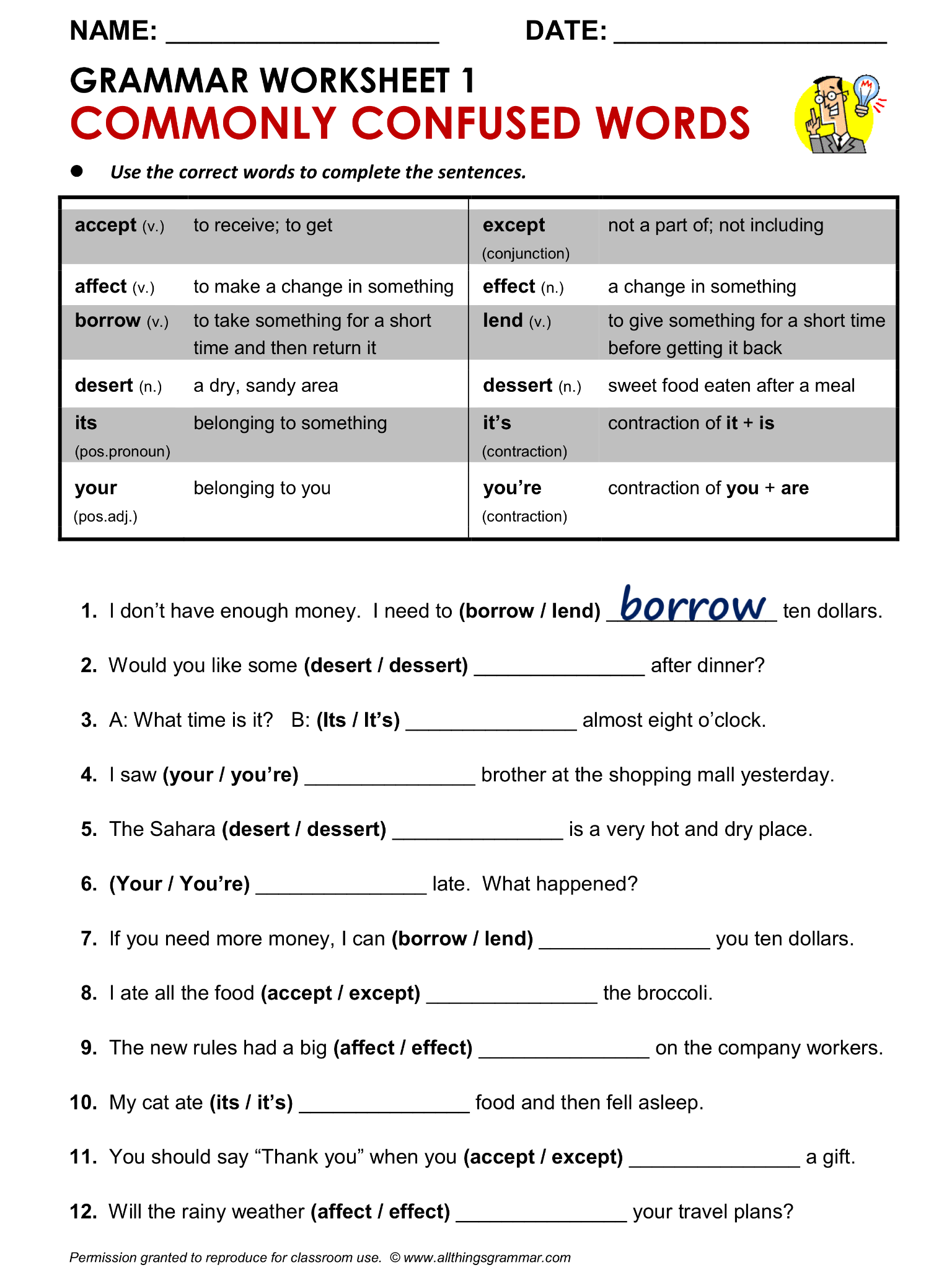 English Grammar Worksheet Commonly Confused Words