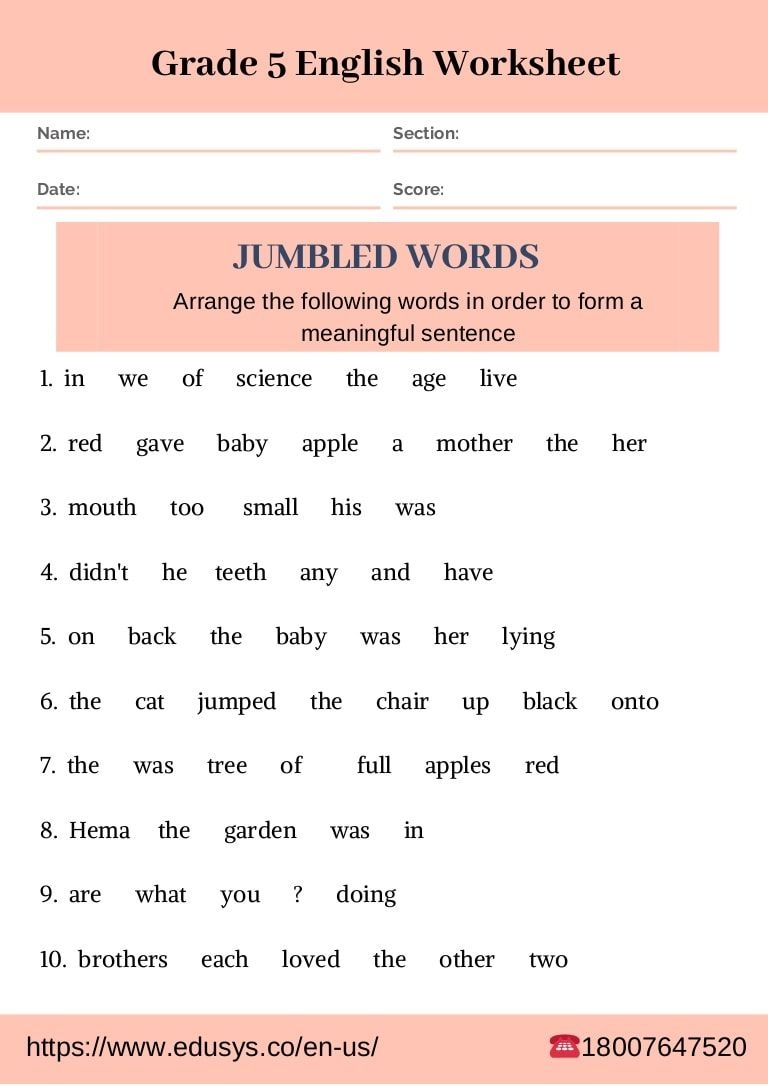 English Grammar Worksheet For 5th Grade Students