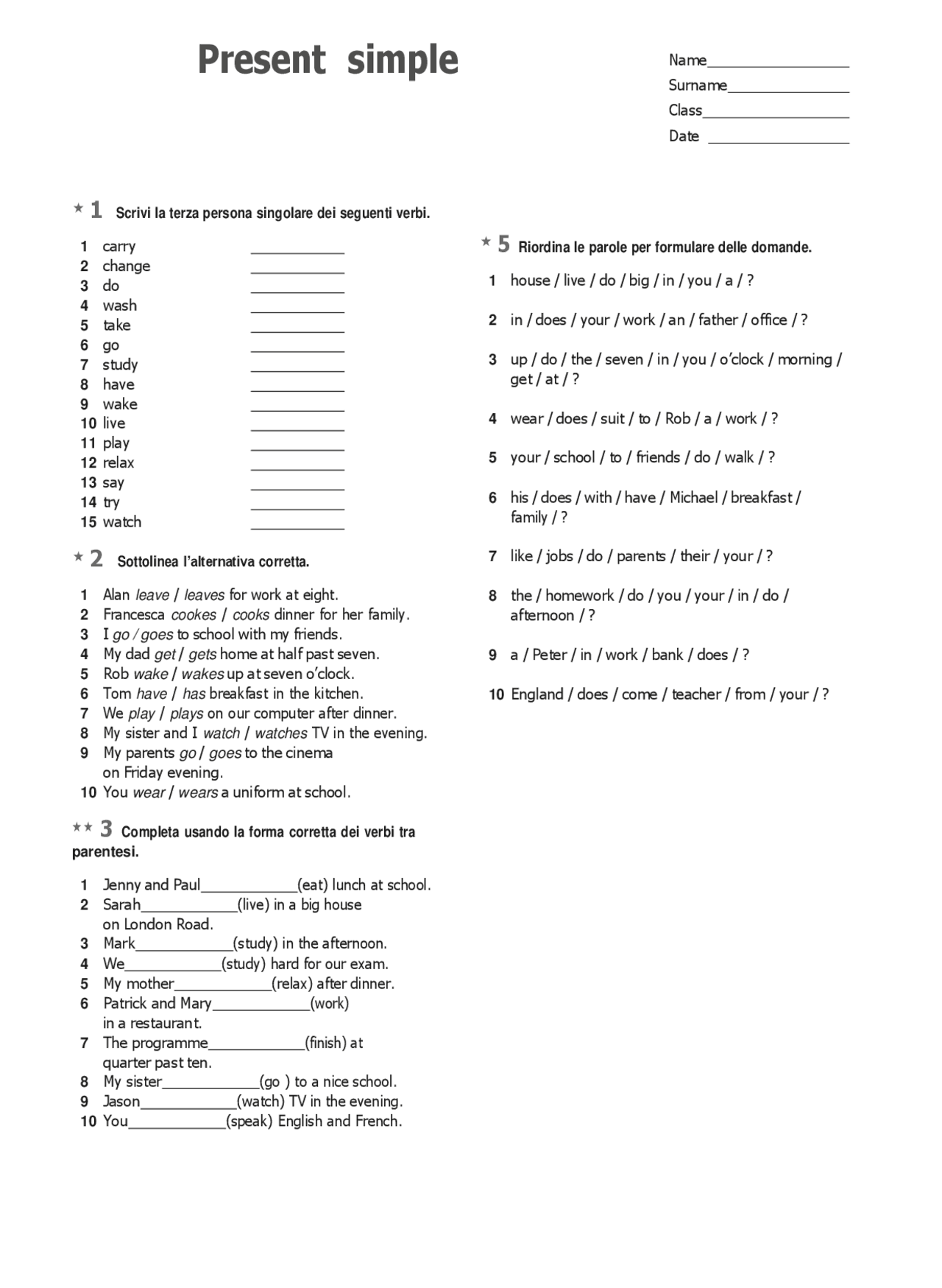 English Test Present Simple Present Continuous Esercizi Di Lingua Inglese Docsity