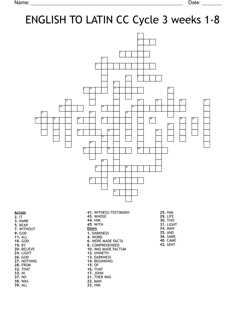 ENGLISH TO LATIN CC Cycle 3 Weeks 1 8 Crossword WordMint