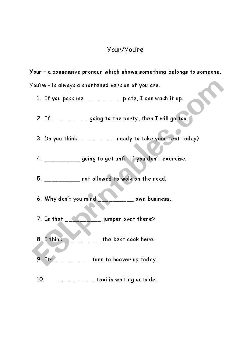 English Worksheets Your And You re