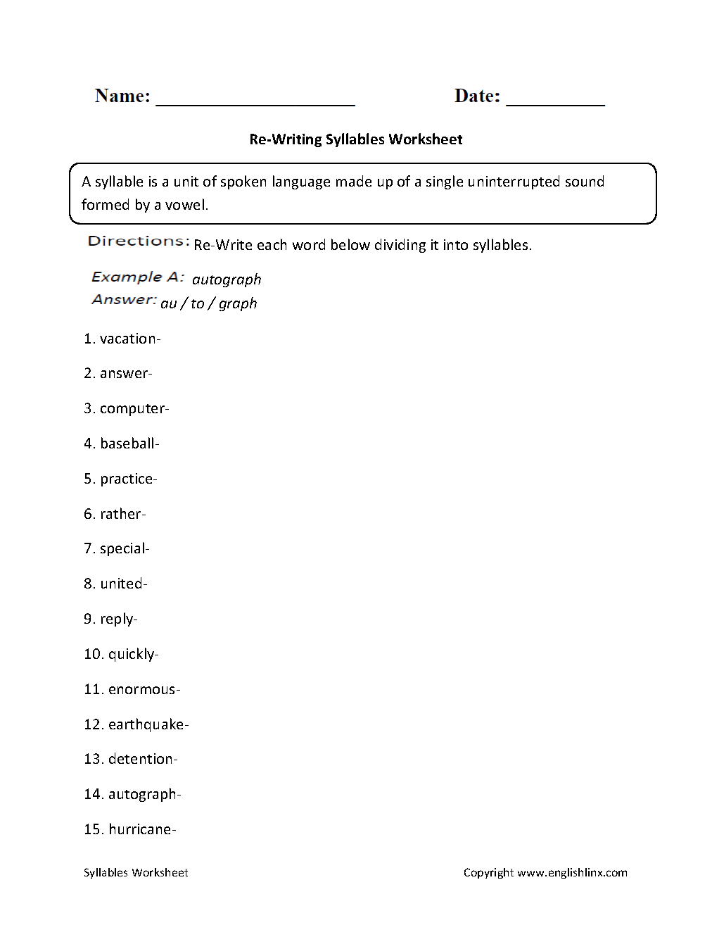 Englishlinx Syllables Worksheets