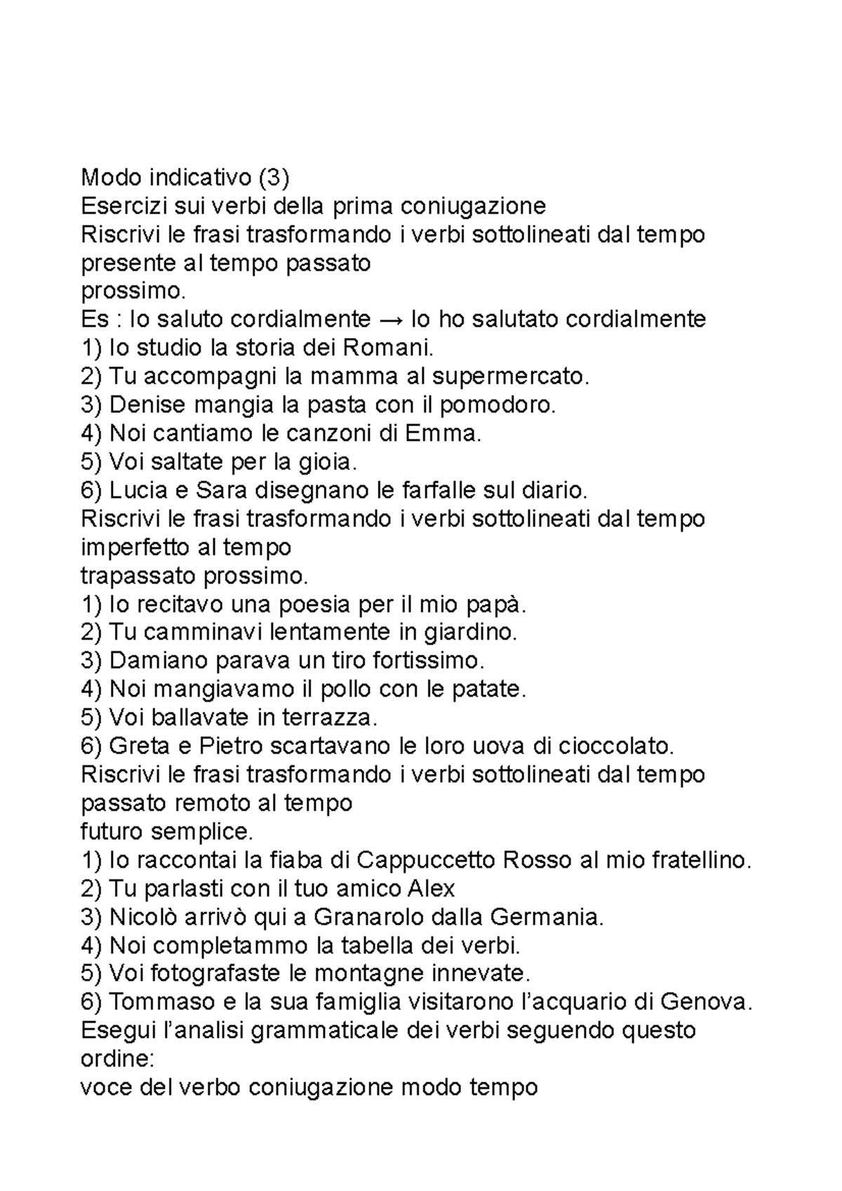 Esercizi Di Coniugazione E Analisi Grammaticale Dei Verbi Lingua Italiana Studocu