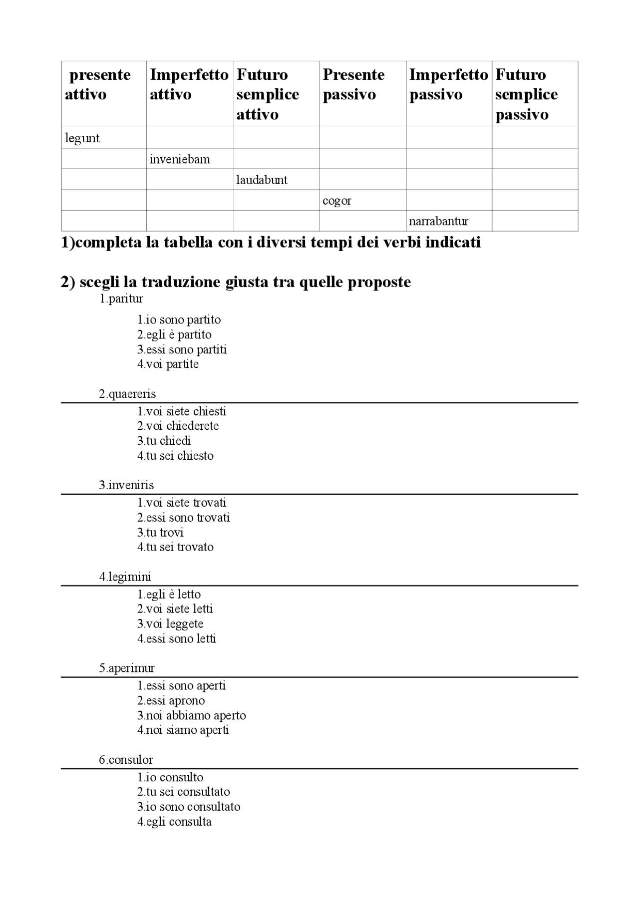 Esercizi Di Traduzione E Analisi Dei Verbi Latini Esercizi Di Latino Docsity
