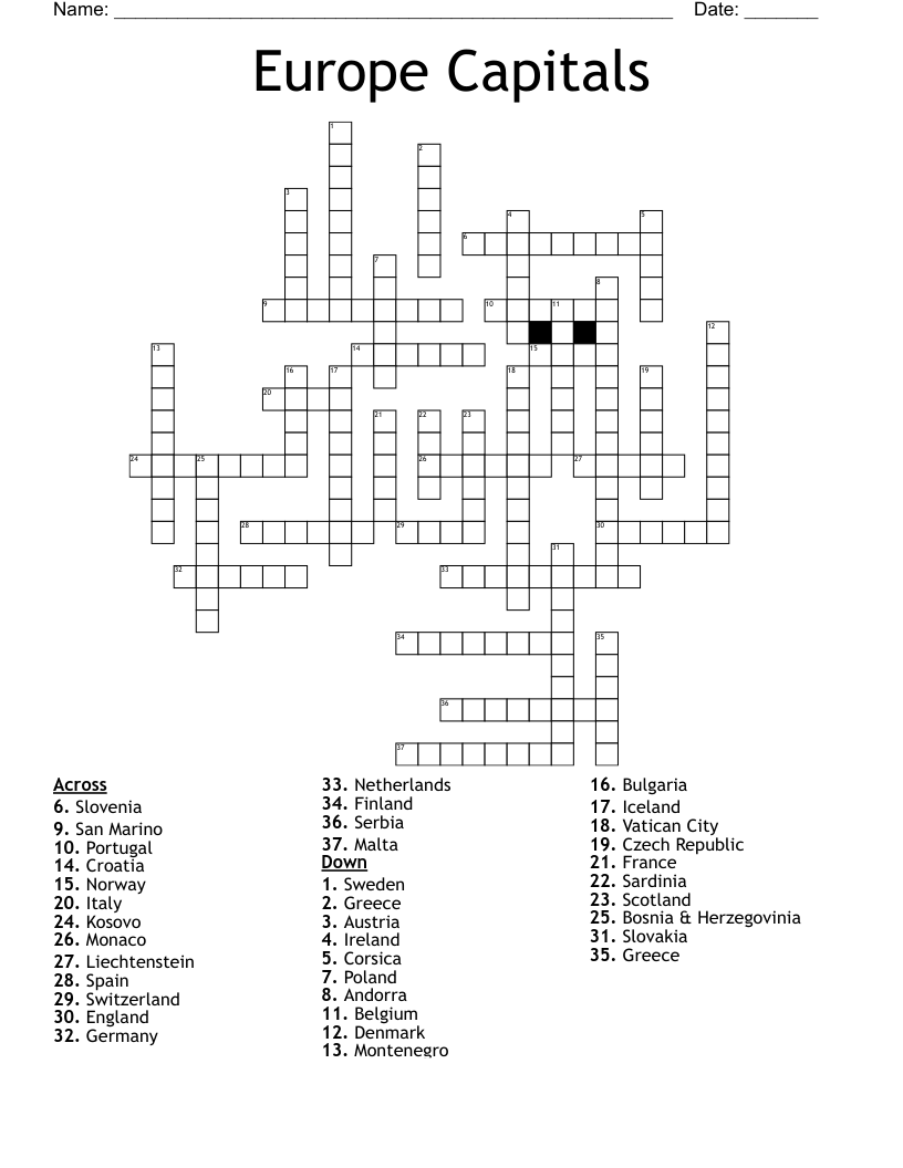 Europe Capitals Crossword WordMint