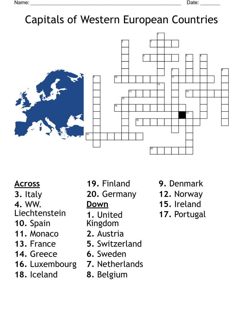 Europe Countries And Capitals Crossword WordMint