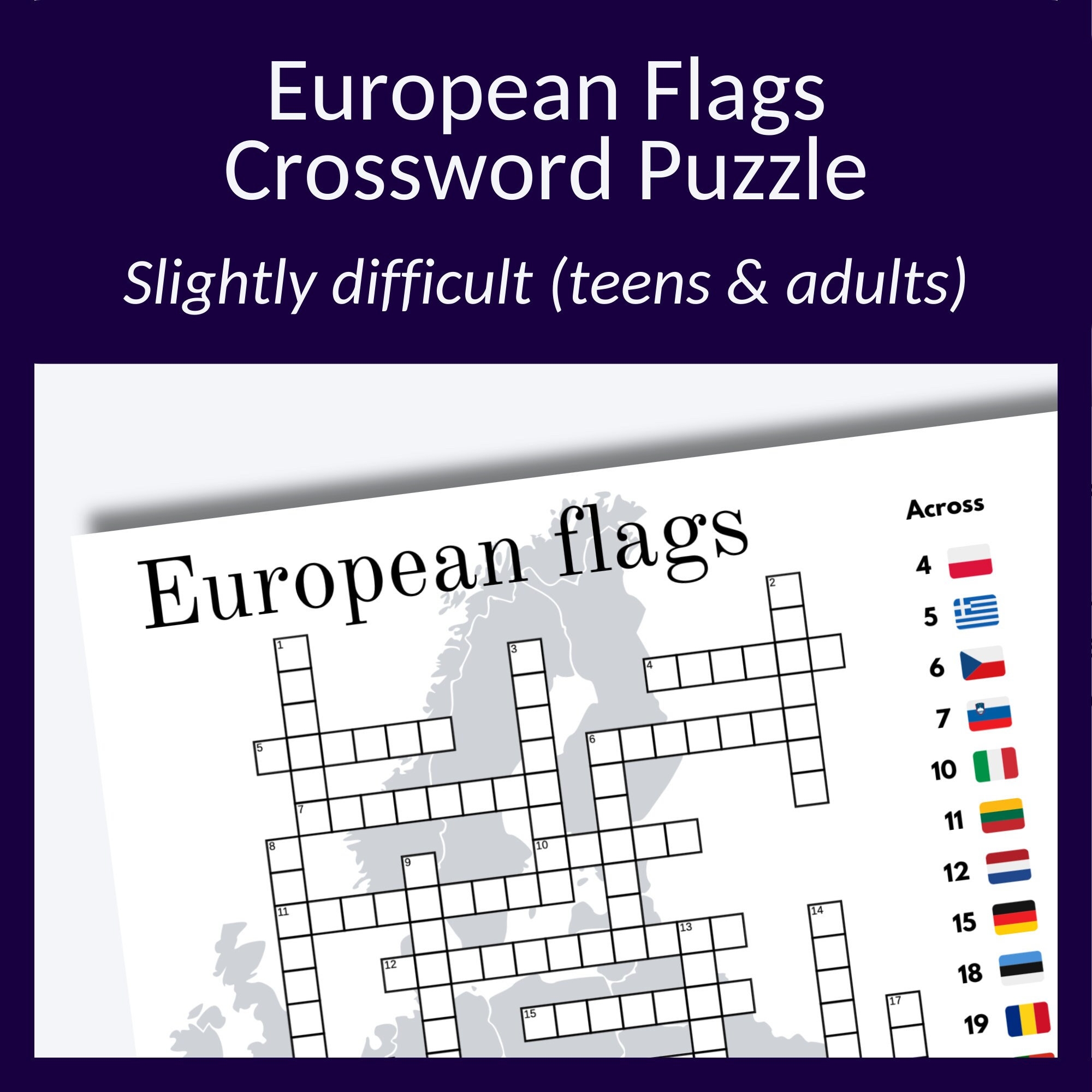 European Flags Crossword Puzzle Game For Travel Enthusiasts And Teens hard Etsy Israel