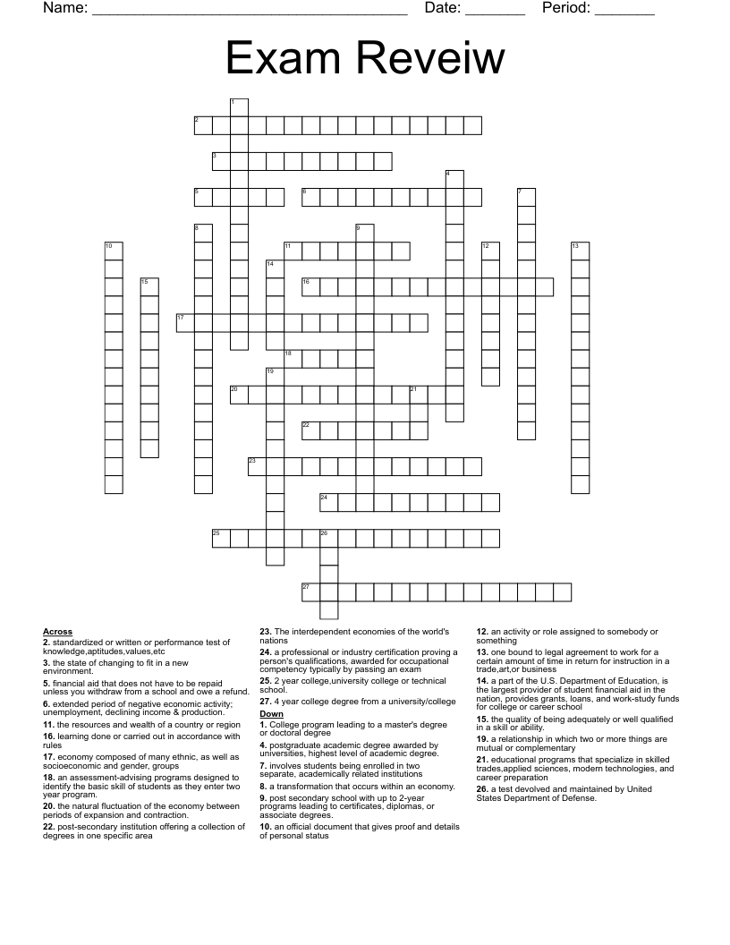 Exam Reveiw Crossword WordMint