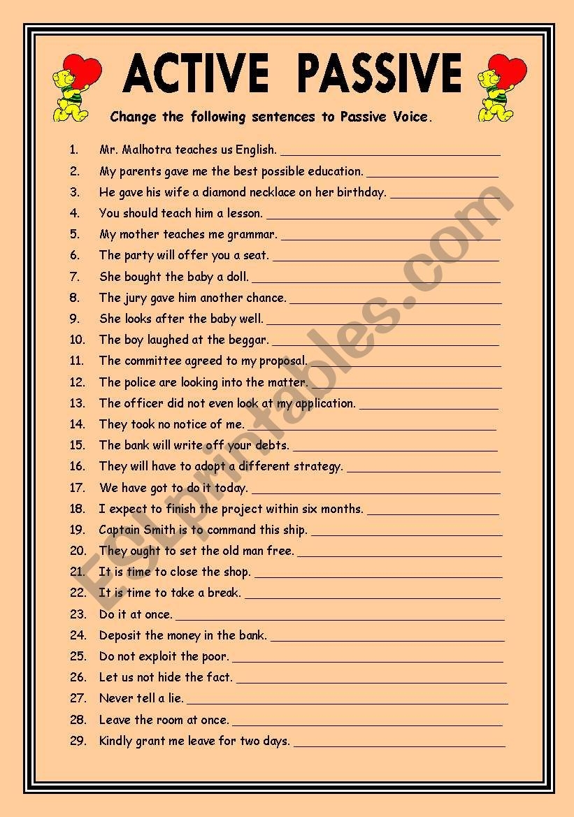 Exercises On ACTIVE PASSIVE VOICE EDITABLE With KEY ESL Worksheet By Vikral Exercises On ACTIVE PASSIVE VOICE EDITABLE With KEY ESL Worksheet By Vikral