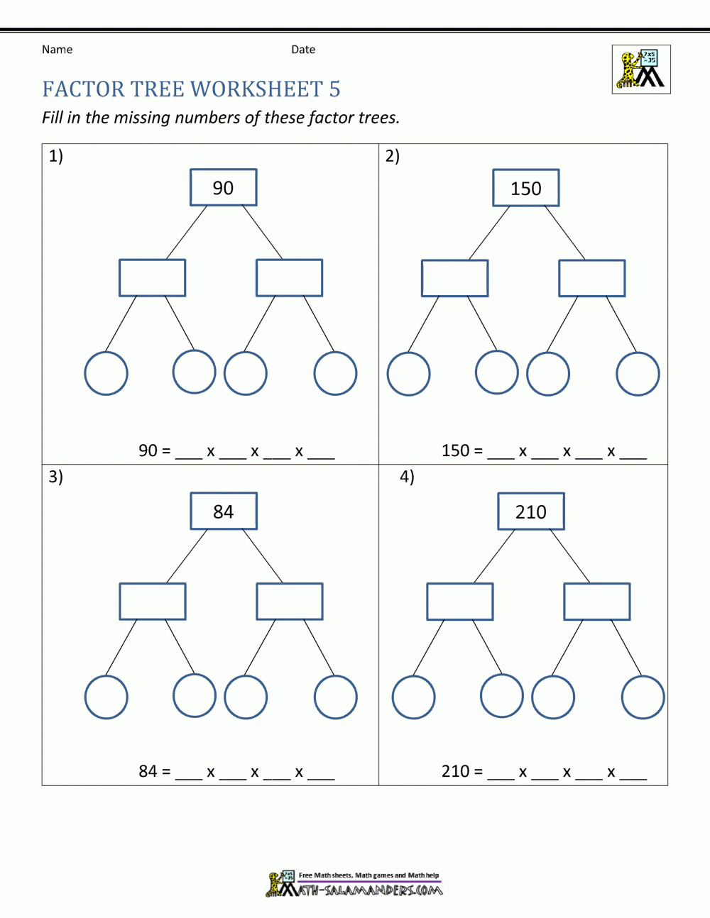 Factor Tree Worksheets Page Factor Tree Worksheets Page