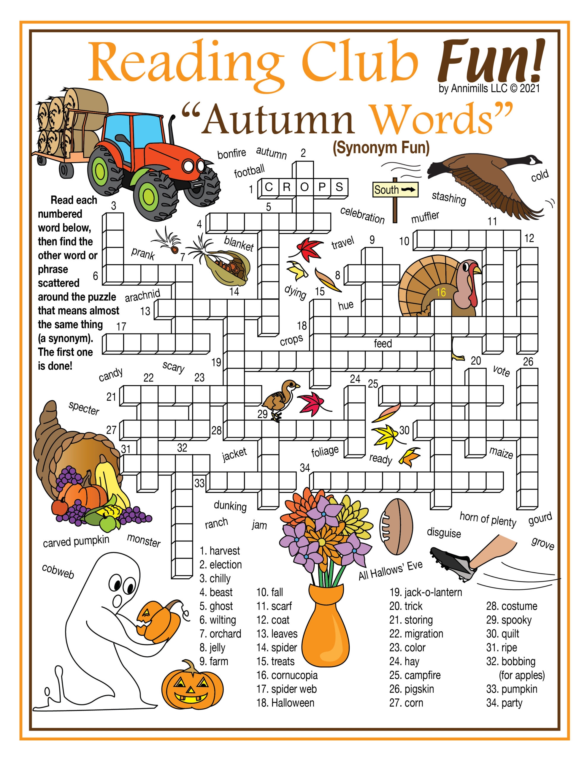 Fall Autumn Vocabulary Synonyms Crossword Puzzle Word Search Puzzle Made By Teachers