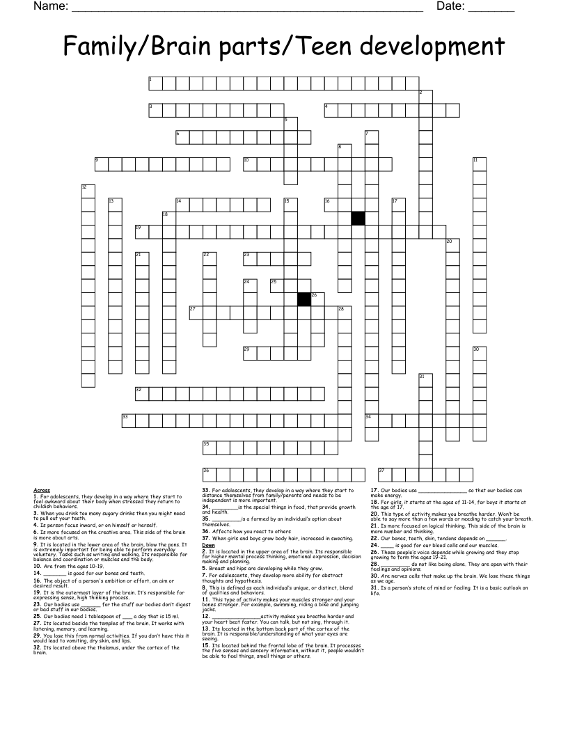 Family Brain Parts Teen Development Crossword WordMint
