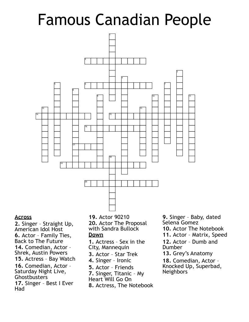 Famous Canadian People Crossword WordMint Famous Canadian People Crossword WordMint