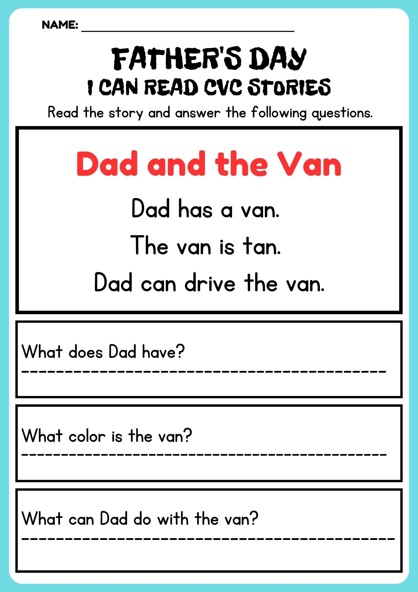 Father s Day CVC Decodable Short Stories With Questions Made By Teachers