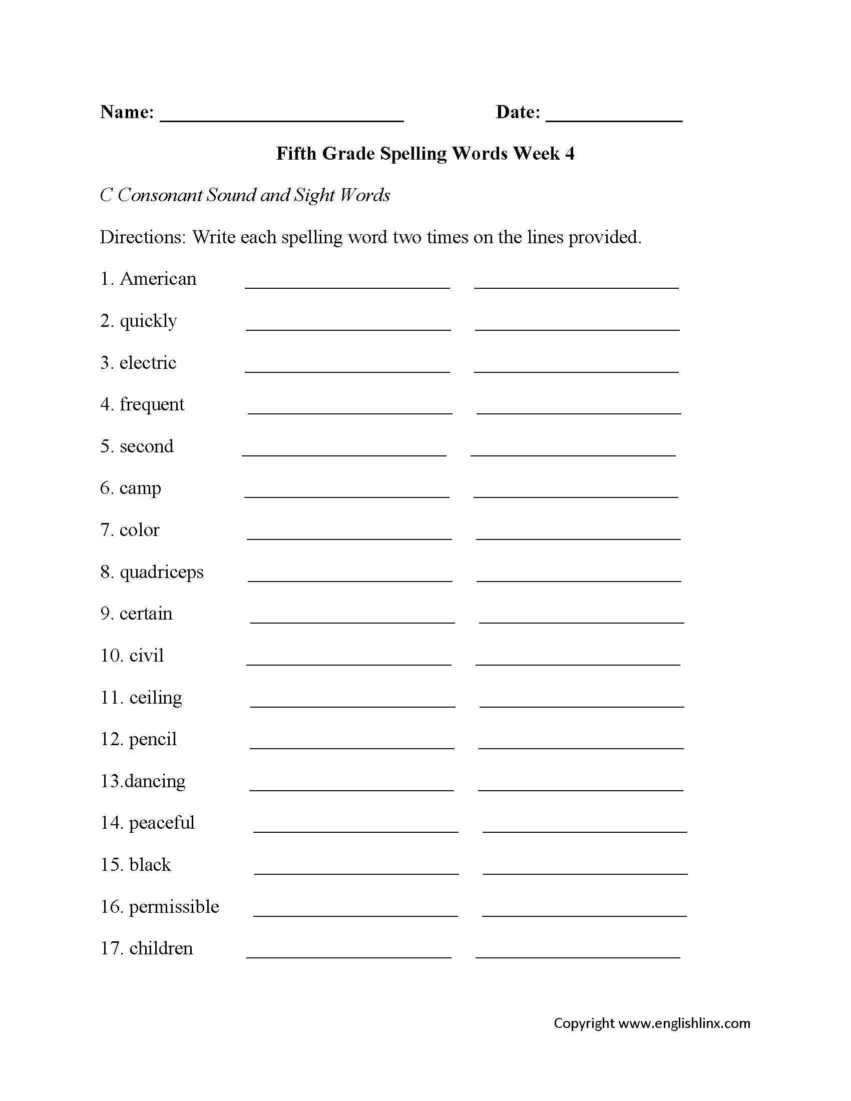 Fifth Grade Spelling Worksheets Printable Word Lists Weekly Practice