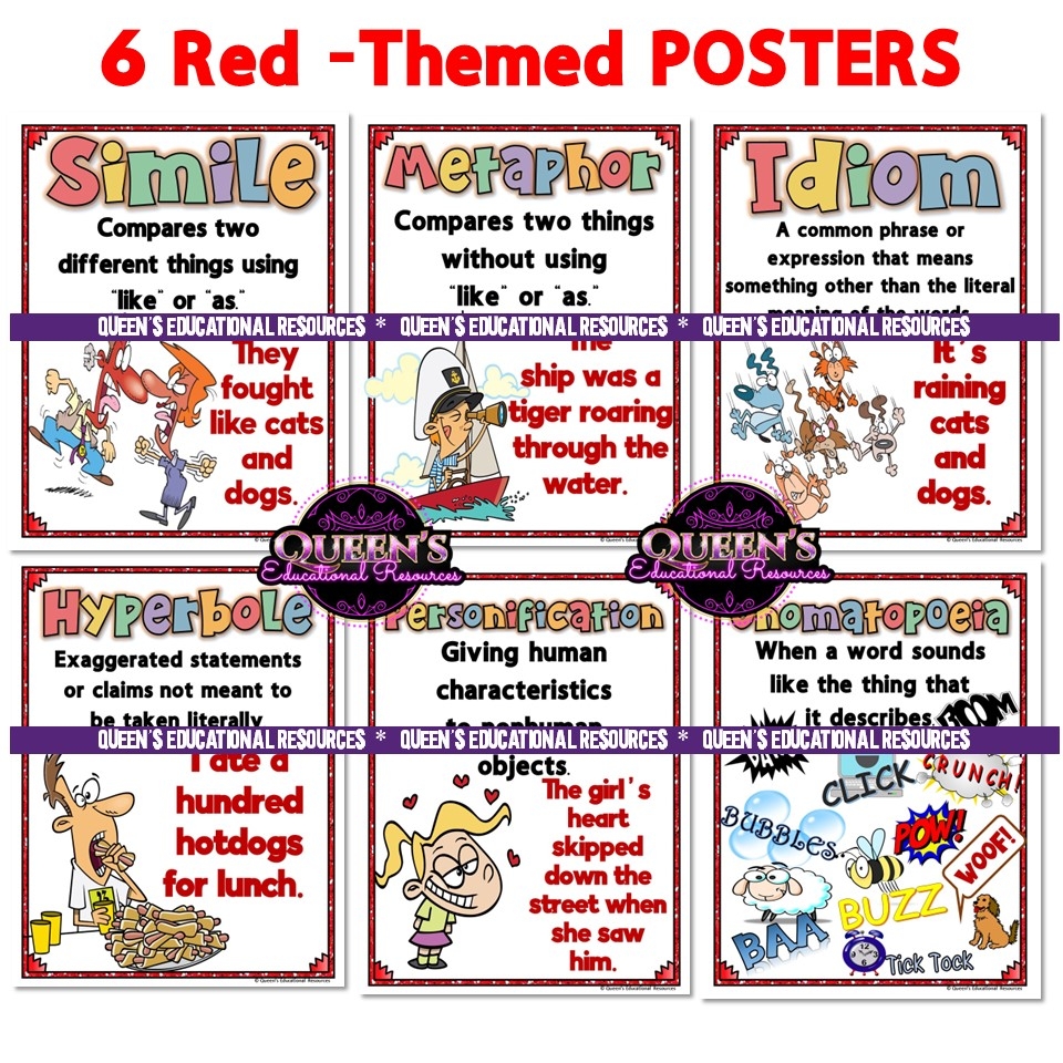 Figurative Language Posters Similes Metaphors Idioms Hyperboles Personification Onomatopoeia Classful