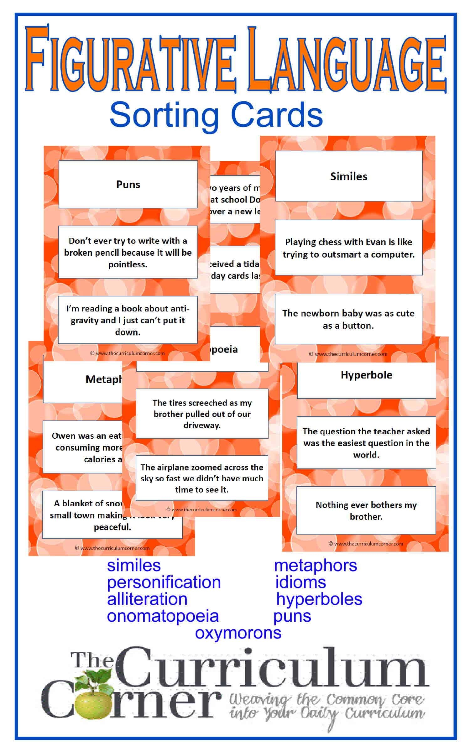 Figurative Language Sorting Cards Free From The Curriculum Corner Similes Metaphors Personification Idioms Alliteration Hyperbole Onomatopoeia Puns Oxymorons The Curriculum Corner 4 5 6