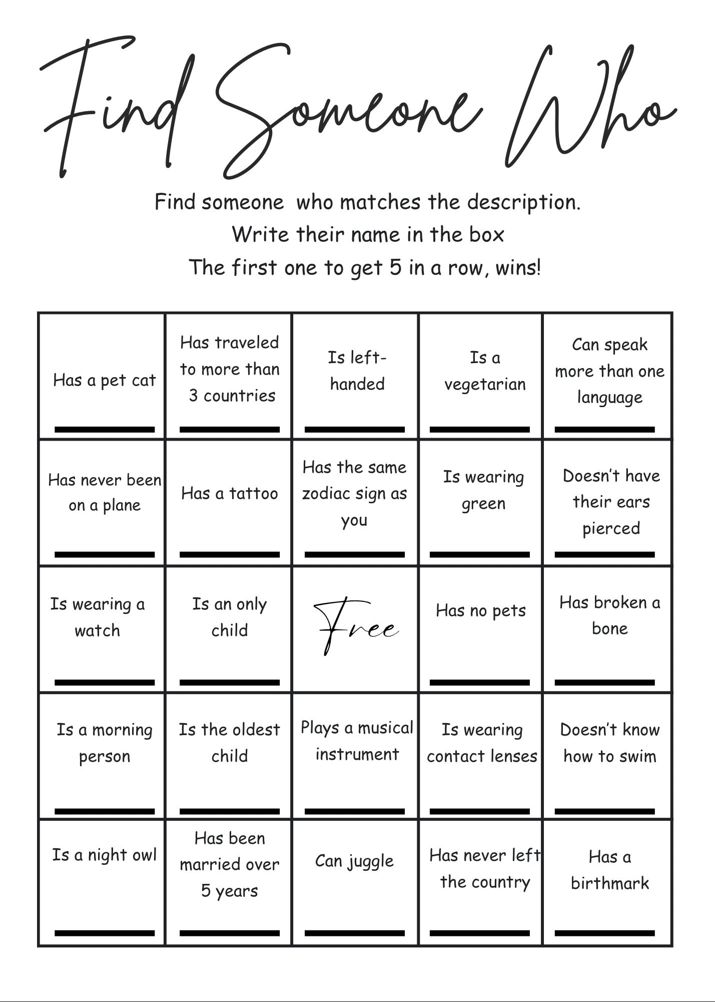 Find Someone Who Bingo Icebreaker Printable Party Game PDF Etsy