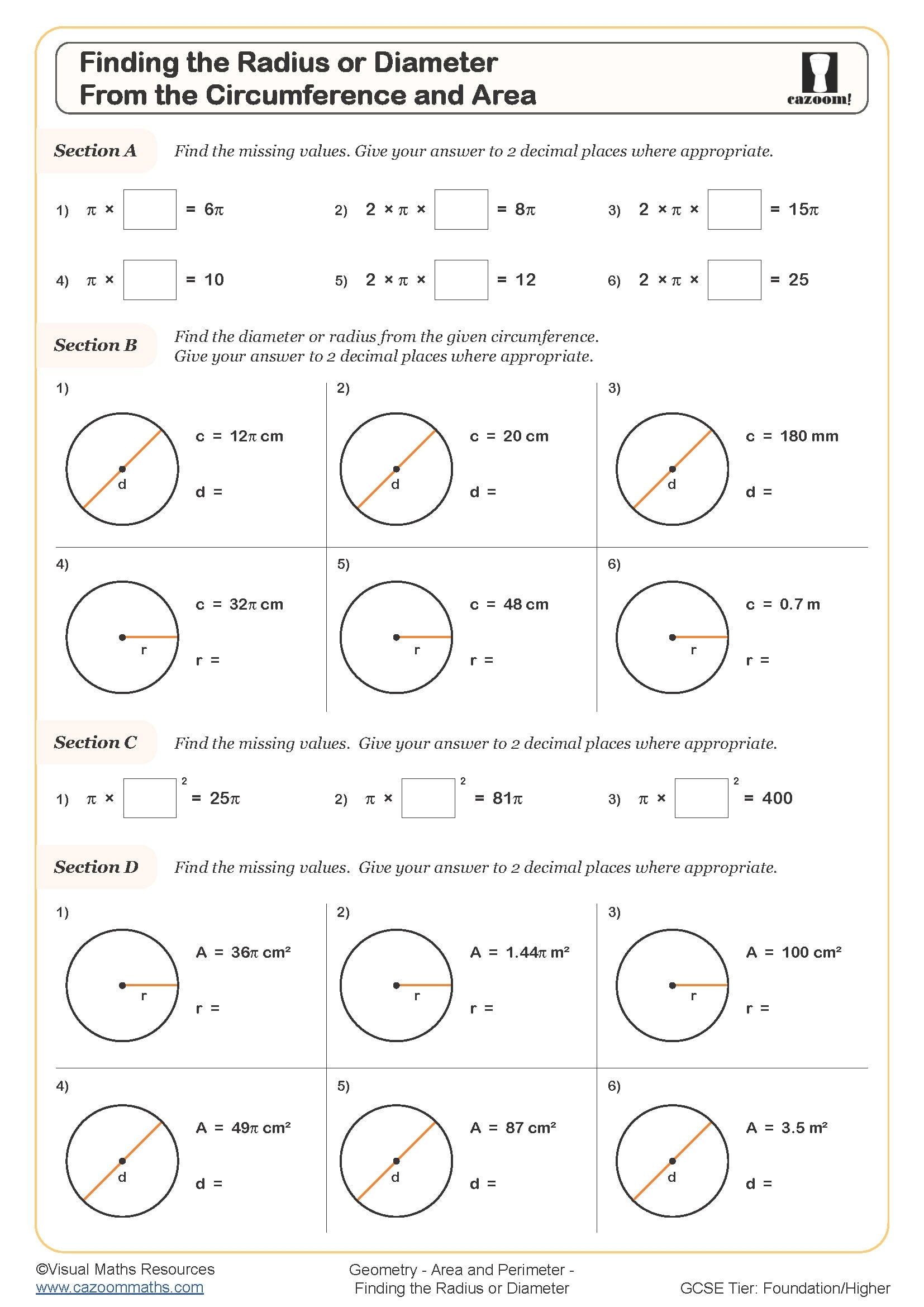 area and circumference worksheet