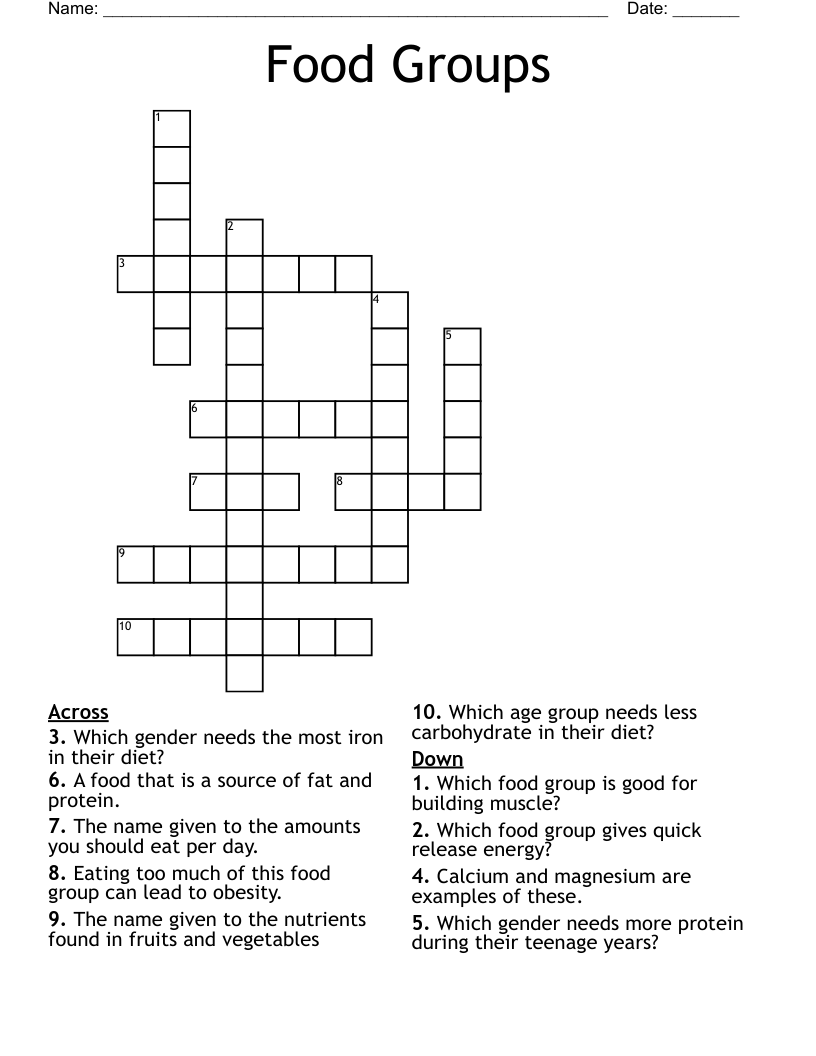 Food Groups Crossword WordMint