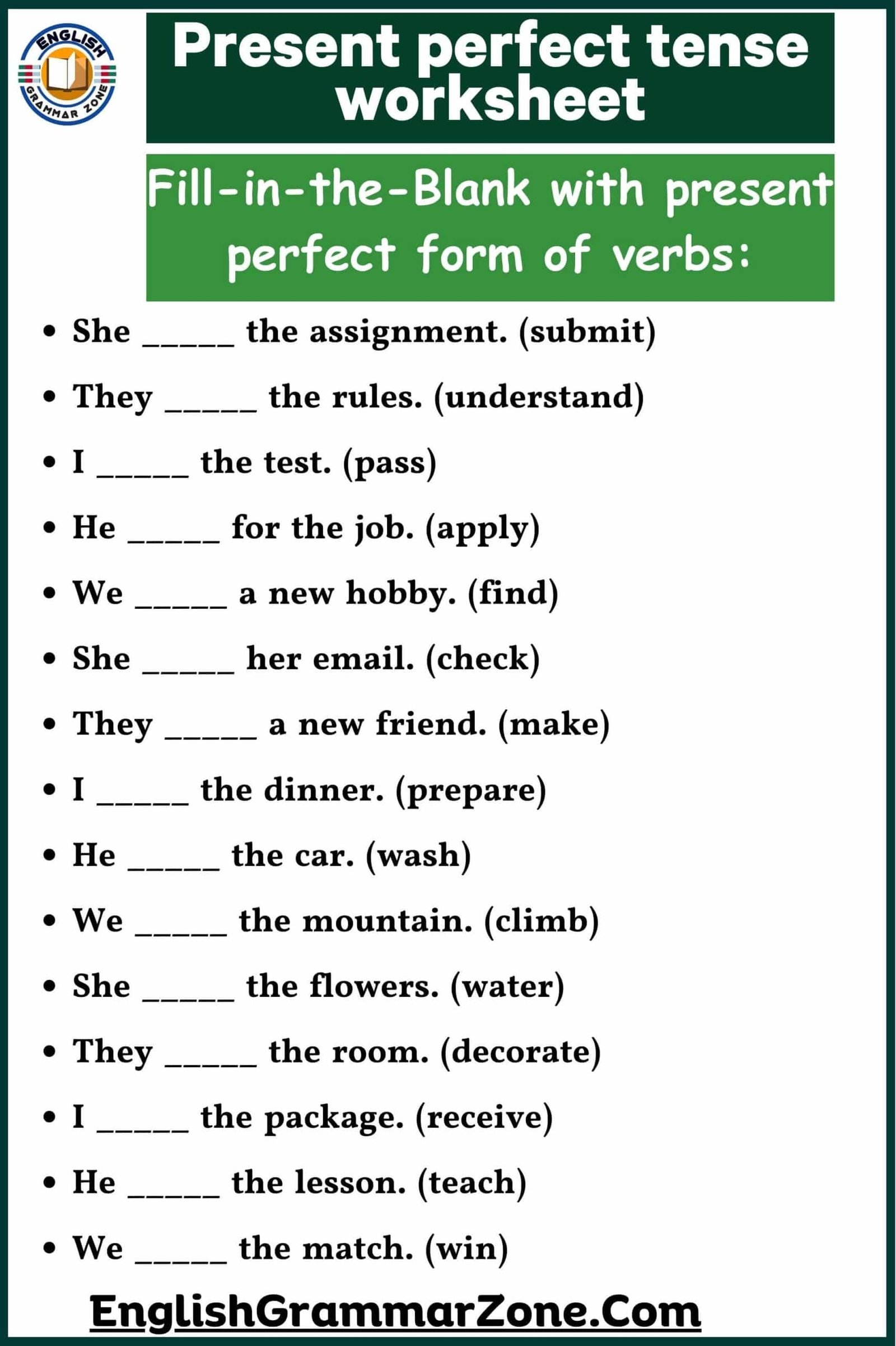 Form Present Perfect Tense Printable