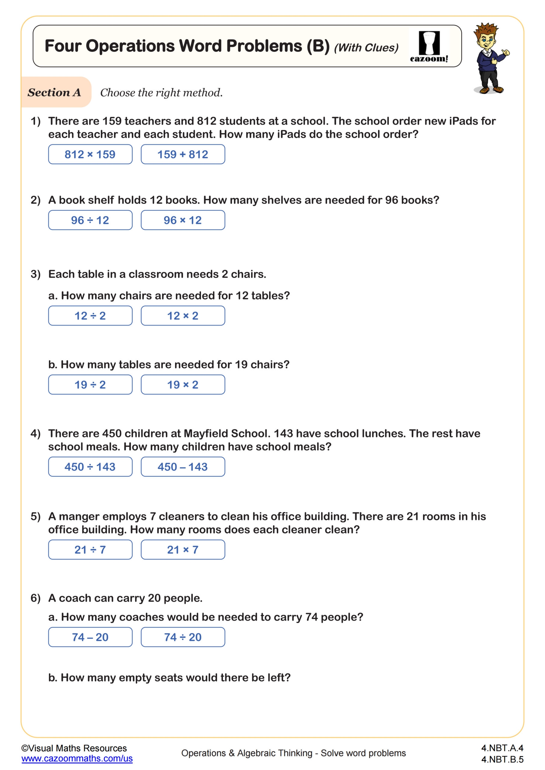 Four Operations Word Problems B With Clues Worksheet Fun And Engaging 4th Grade PDF Worksheets Cazoom Math