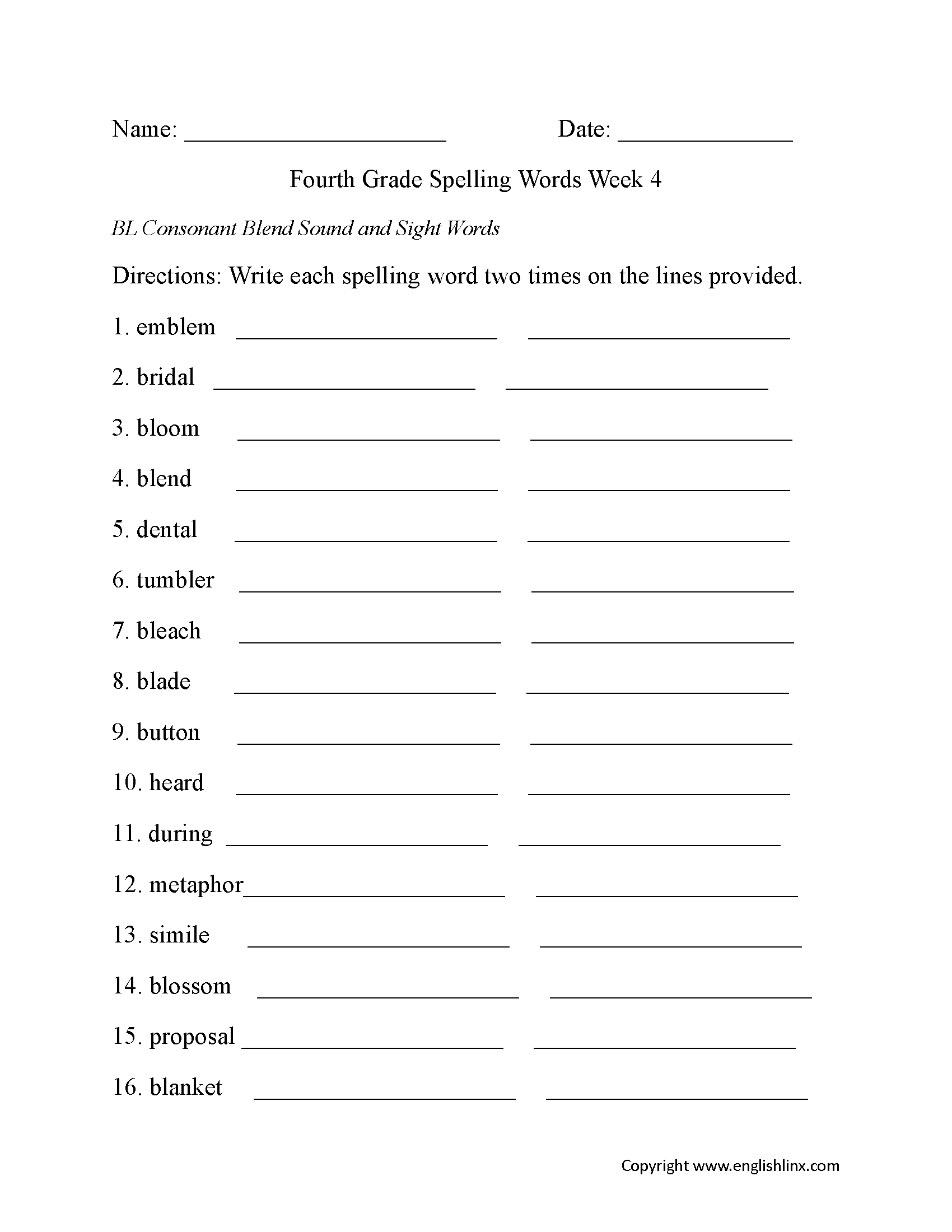Fourth Grade Spelling Worksheets Free Printable Word Lists Practice