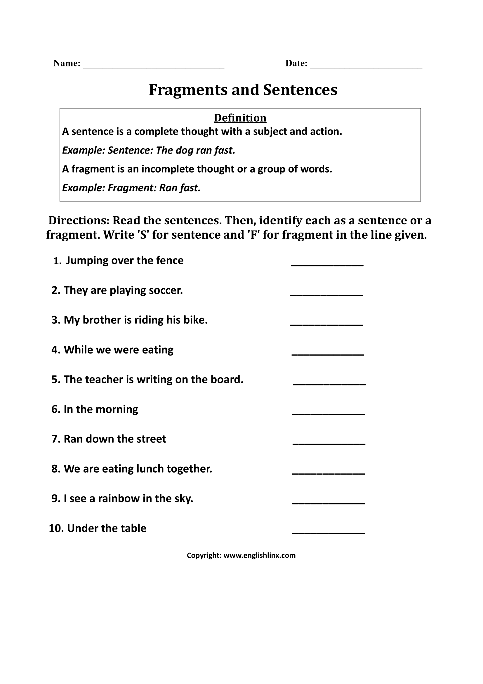 Fragments And Sentences Sentence Or Fragment Practice Worksheet