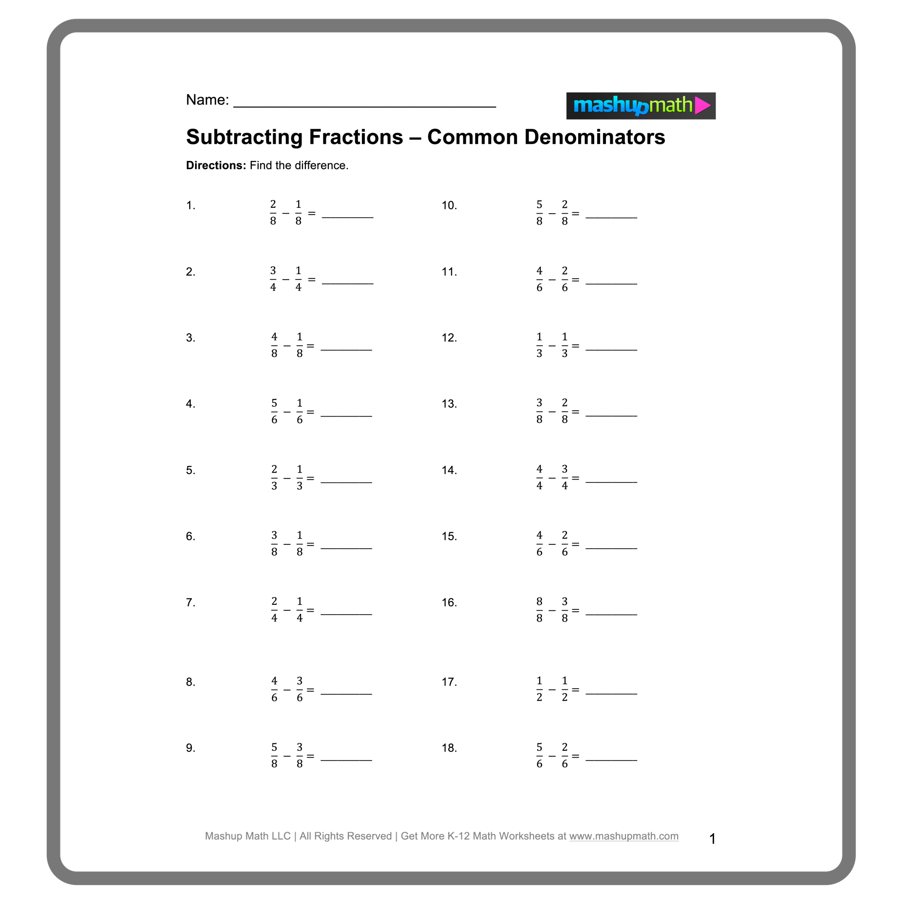 Free Adding And Subtracting Fractions Worksheets Mashup Math
