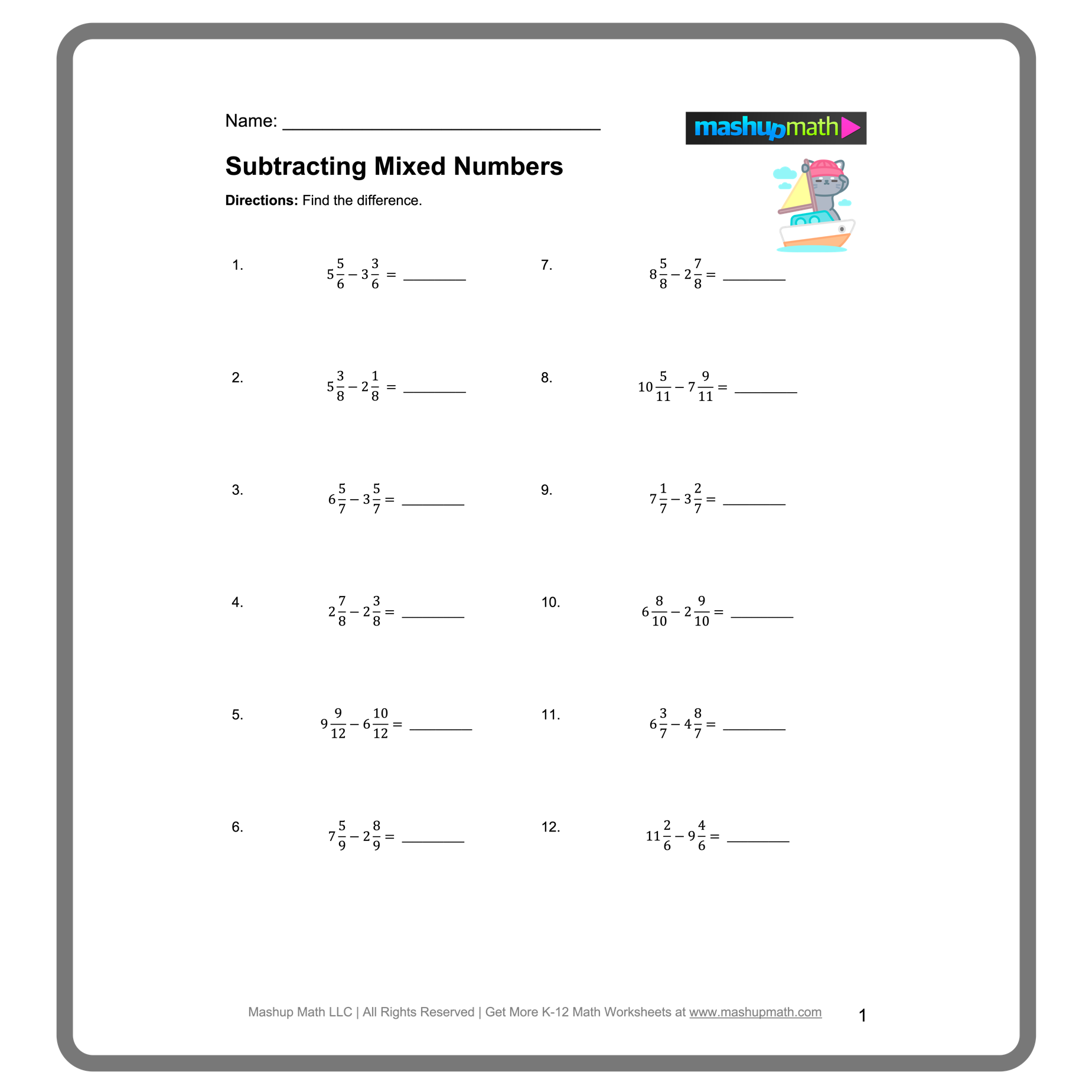 worksheets adding and subtracting mixed numbers