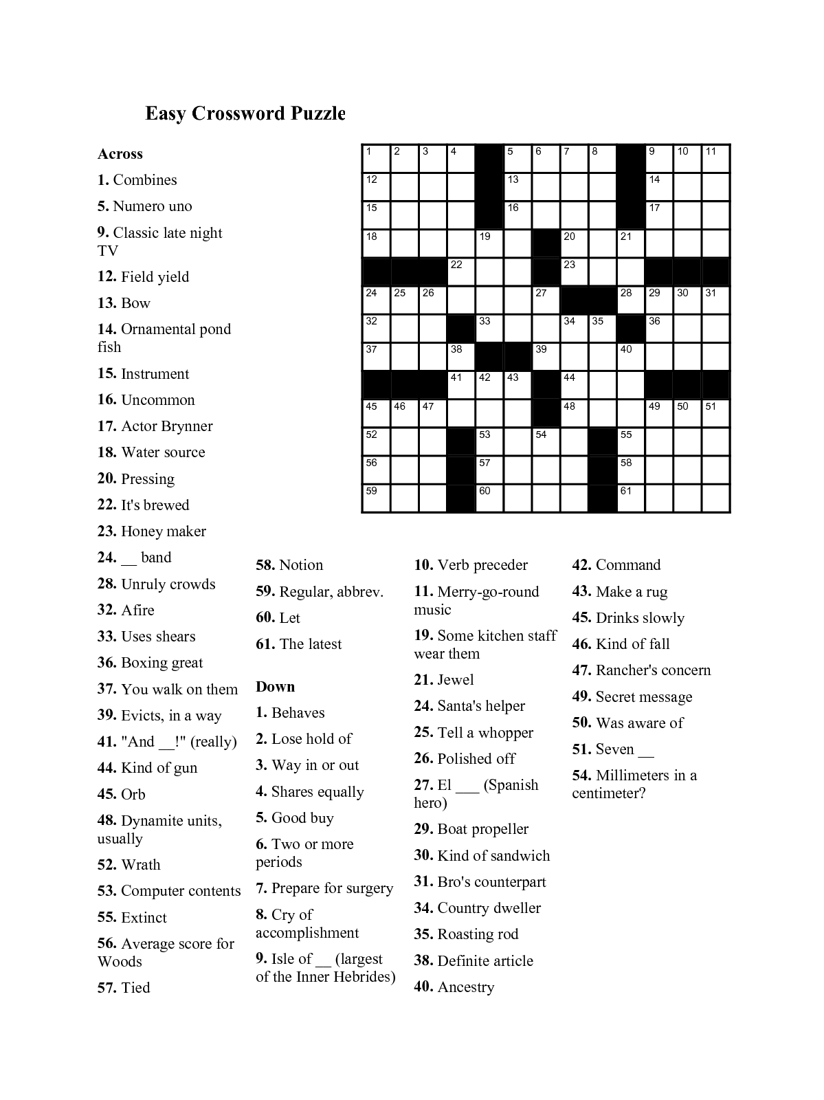 crossword puzzles for seniors printable