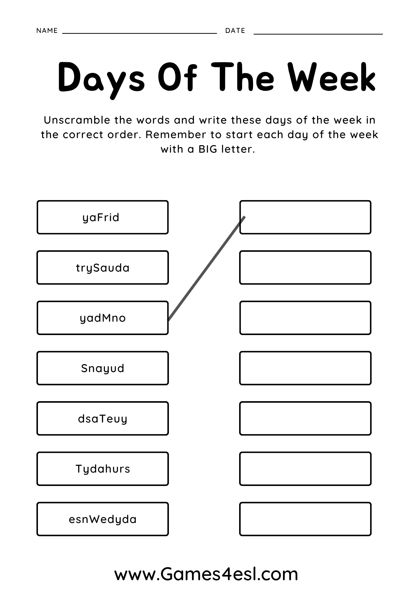 Free Days Of The Week Worksheets Games4esl