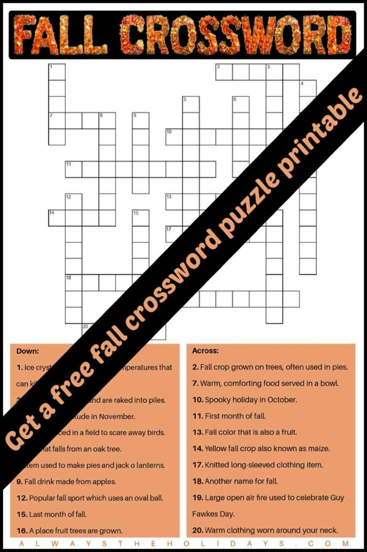 Free Fall Crossword Puzzle Printable With Answer Key Included