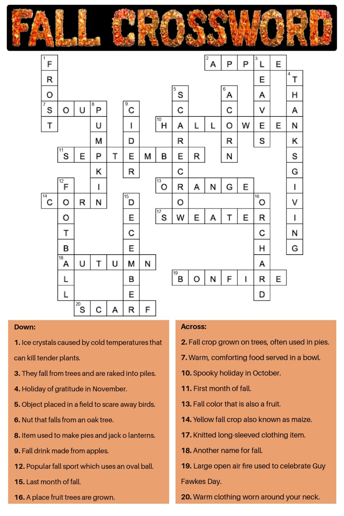 Free Fall Crossword Puzzle Printable With Answer Key Included