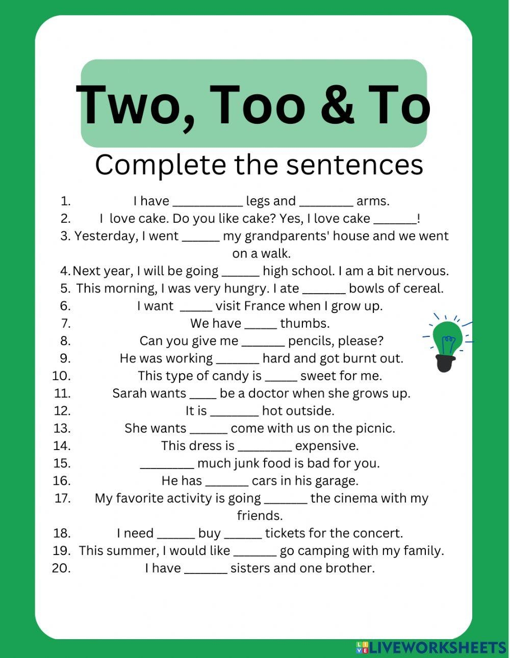 Free Homophone Practice Worksheet to two too There theyre their Worksheets Library