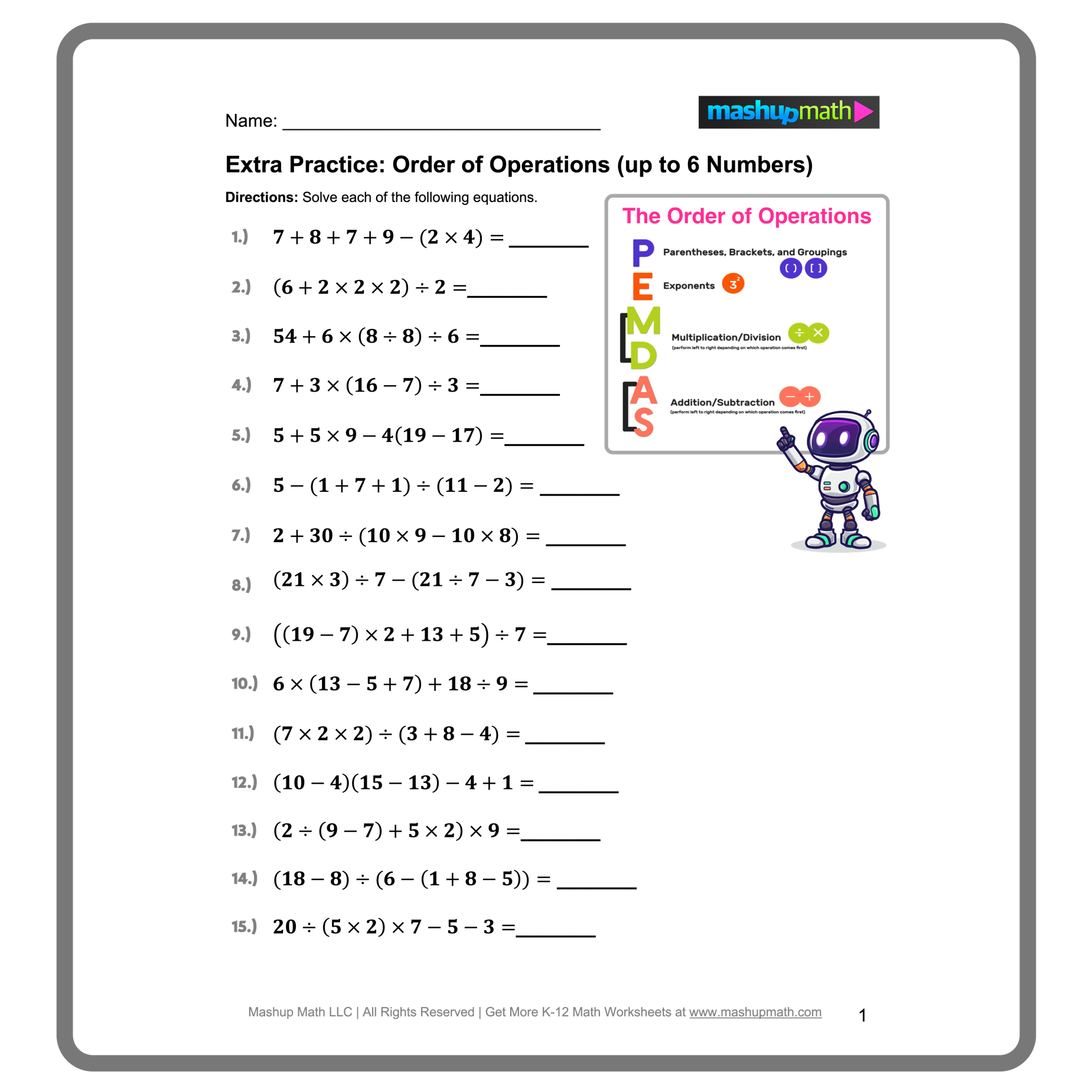 Free Order Of Operations Worksheet Library with Answers Mashup Math