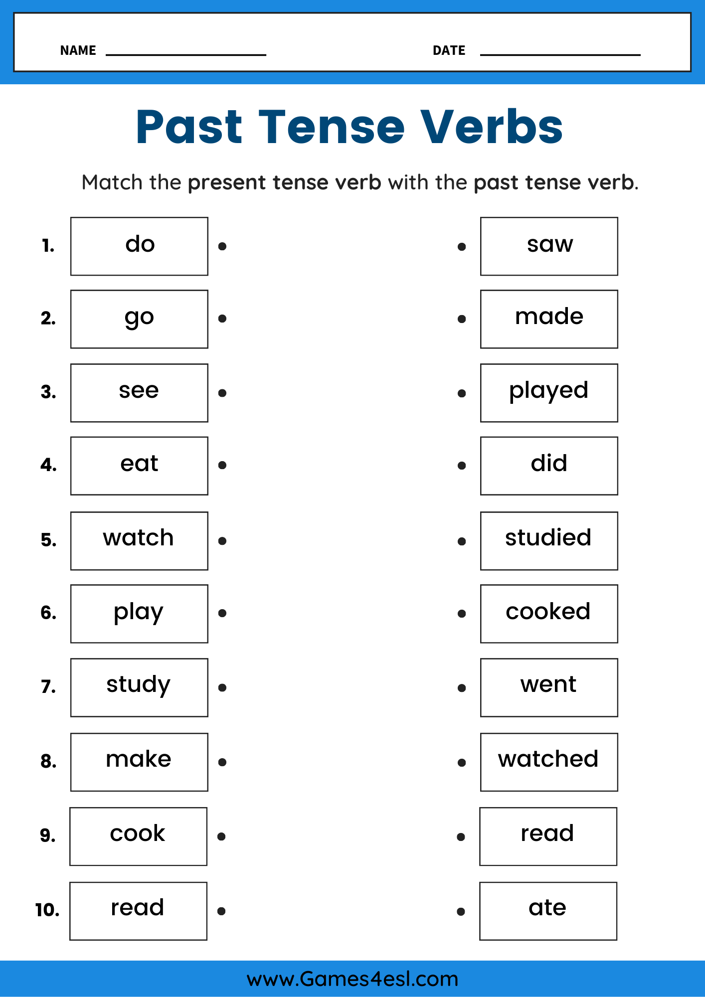 Free Past Tense Worksheets For ESL Classes Games4esl