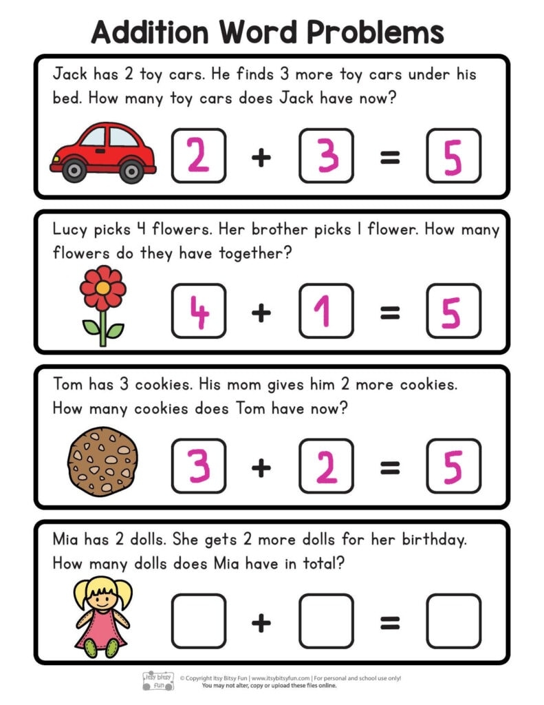 Free Printable Addition Word Problems Worksheets For Kindergarten Itsy Bitsy Fun