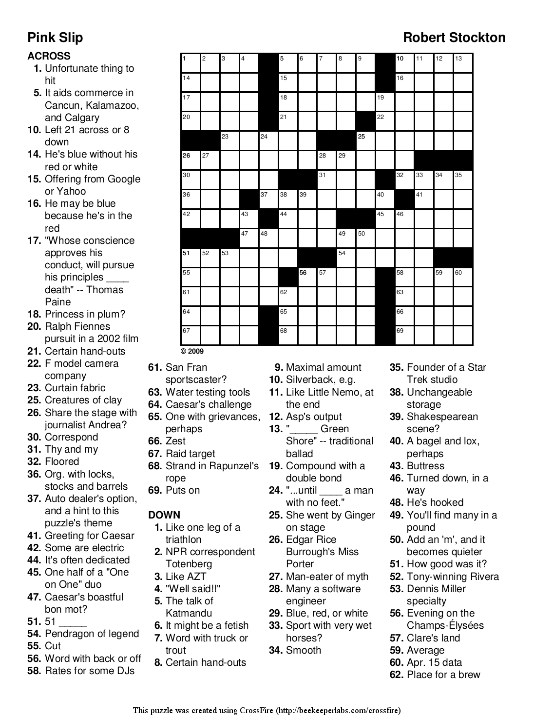 Free Printable Crossword Puzzle 93 Pink Slip Beekeeper Crosswords
