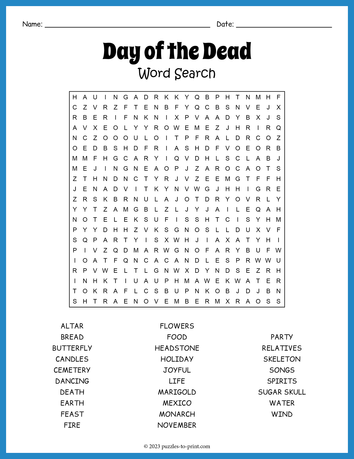 Free Printable Day Of The Dead Word Search