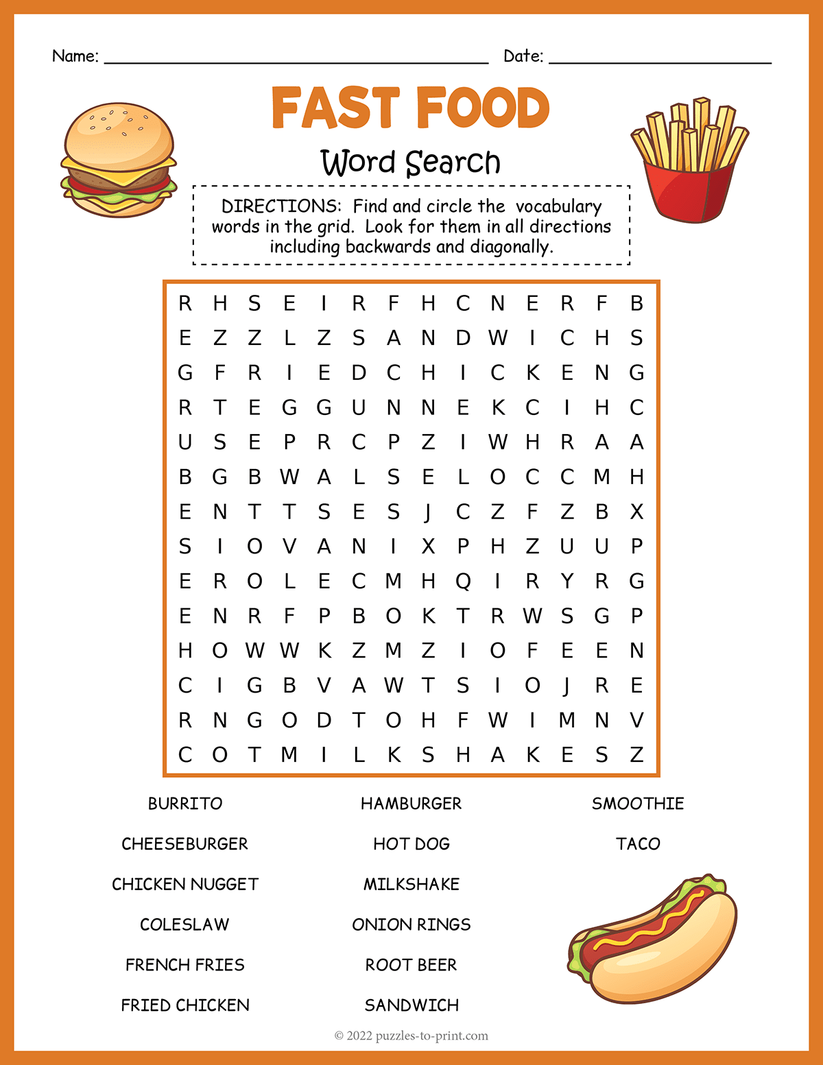 Free Printable Fast Food Word Search